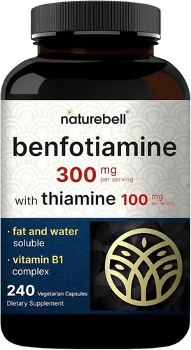 NatureBell Benfotiamina con tiamina - 240 cápsulas vegetarianas - 300 mg de benfotiamina y 100 mg de tiamina - para la salud del corazón, producción