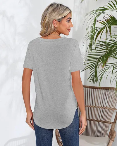 Miniatura 4 de Ficerd Paquete de 2 camisetas con cuello en V para mujer, manga corta o larga, camisetas básicas de verano casuales con dobladillo sólido