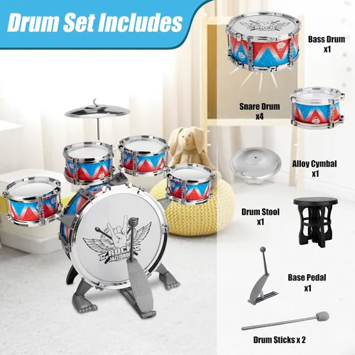 Miniatura 6 de Juego de batería para niños pequeños, kit de batería de jazz con taburete, instrumentos musicales, juguetes de cumpleaños, Navidad, regalos
