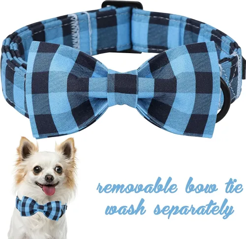 Miniatura 2 de Unique style paws Collar de perro de algodón con lazo, collar para cachorro con cuadrícula negra y azul para perros pequeños, medianos y grandes