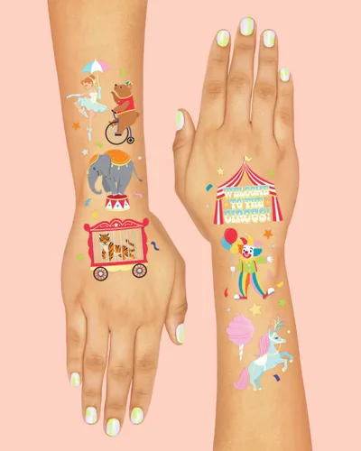 Miniatura 4 de xo, Fetti Tatuajes temporales para fiesta de circo – 42 estilos de lámina dorada y plateada Suministros para fiesta de cumpleaños de circo