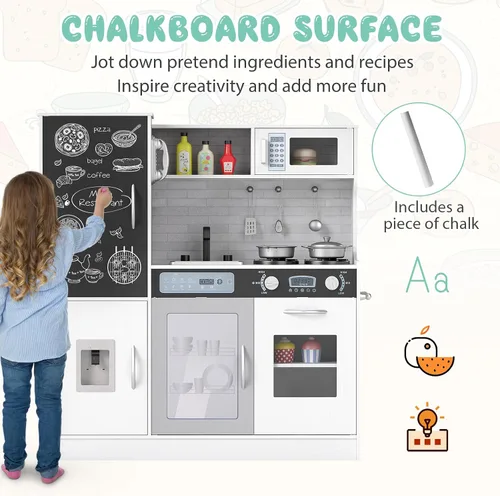 Miniatura 4 de Costzon Juego de cocina para niños, gran juego de juguetes de cocina de chef de madera con sonidos y luces reales, microondas, pizarra, horno