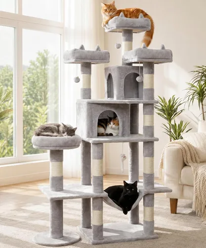 Miniatura 10 de PMT03BW - Árbol para gatos de interior, torre grande de 71 pulgadas con poste rascador y percha superior, hamaca, condominio para gatos adultos