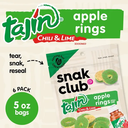 Miniatura 3 de Snak Club Tajin Anillos de Manzana Gomitas de Caramelo, Gomitas de Fruta con Sabor a Chile y Lima, Snacks Leves, Sin Gluten y Veganos, 5 oz Bolsas