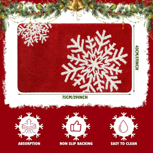 Miniatura 3 de Ceenna Alfombra de baño roja de invierno, lavable, absorbente de agua, antideslizante, divertida alfombra de baño con patrones de copo de nieve