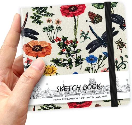 Miniatura 12 de Cuaderno de bocetos de bolsillo cuadrado de tapa dura de cuero PU de 5" x 5", 58 hojas de papel beige Dowling de 150 GSM, libro de bocetos de arte
