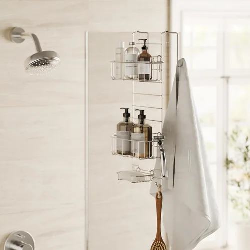 Miniatura 2 de Zenna Home Organizador de ducha para colgar sobre la puerta de la ducha, estante de acero inoxidable con 2 estantes y ganchos integrados, estante