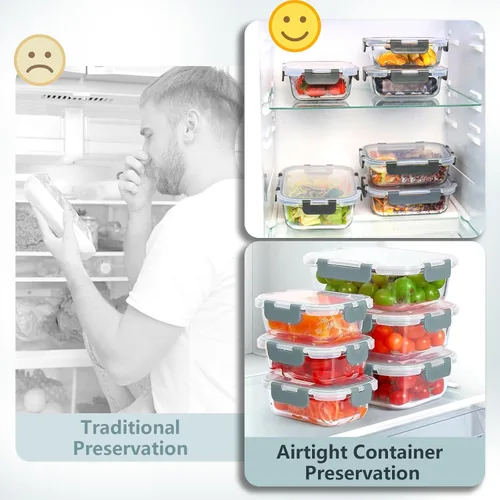 Miniatura 5 de Juego de 12 recipientes de vidrio para almacenamiento de alimentos con tapas de cierre a presión herméticas, recipientes de vidrio borosilicato Gris