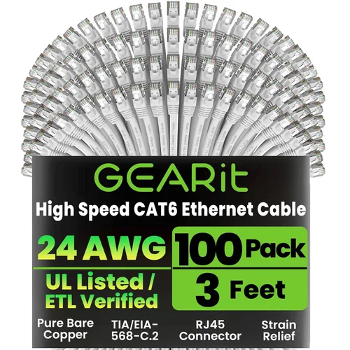 Miniatura 25 de GEARit Paquete de 100 cables Ethernet Cat6 de 0.5 pies Cable de conexión de red RJ45, conectores chapados en oro sin enganches de 10 Gbps, cable