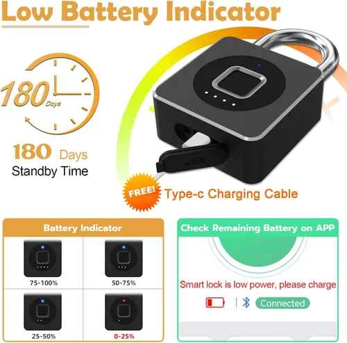 Miniatura 6 de Pothunder Cerradura de huellas dactilares con aplicación, candado biométrico sin llave de cable de acero, resistente al agua inteligente para Negro