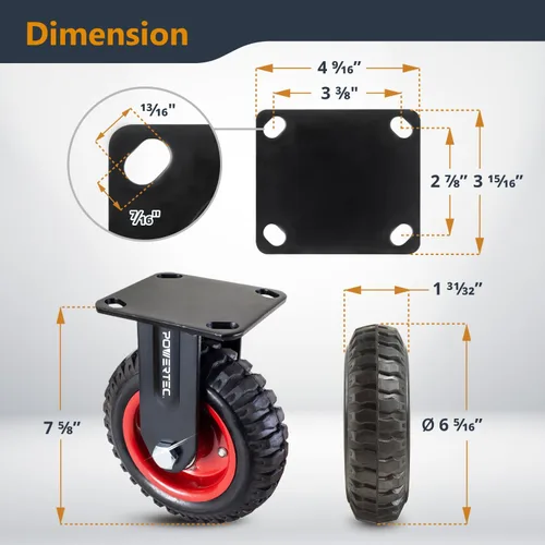 Miniatura 2 de Ruedas giratorias POWERTEC, ruedas fijas de alta resistencia con placa de goma con tracción nodriza para banco de trabajo