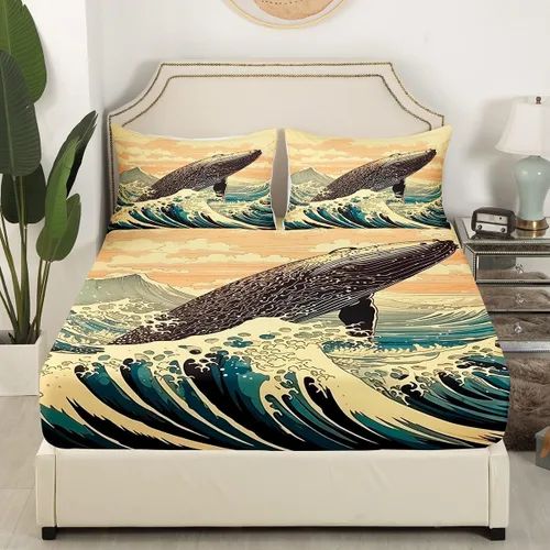 Miniatura 3 de Erosebridal Juego de sábanas de ballena náutica, tamaño individual, juego de ropa de cama vintage azul con ondas oceánicas para niños y niñas