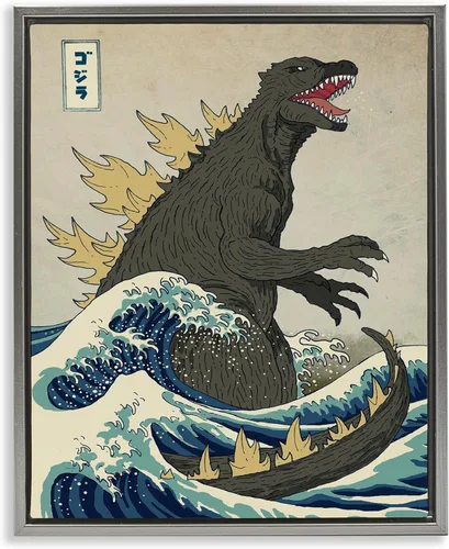 Miniatura 12 de Stupell Industries 'Nautical Godzilla Eastern Style Illustration', arte giclée enmarcado, negro, 11 x 14 pulgadas, fácil de colgar y resistente