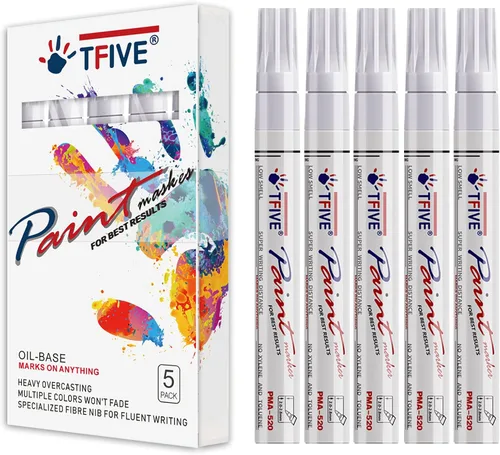 TFIVE Rotuladores de pintura blanca – Paquete de 5 rotuladores permanentes a base de aceite, punta media, impermeables y de secado rápido, para