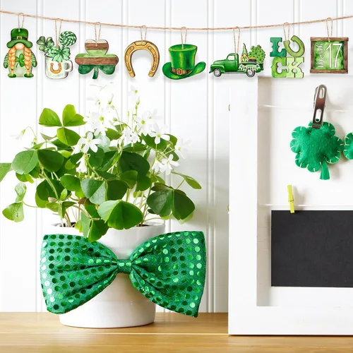 Miniatura 4 de Spiareal 36 piezas Adornos de día de San Patricio en madera, adorno colgante de trébol verde, gnomo verde, camión, recorte de madera, decoración