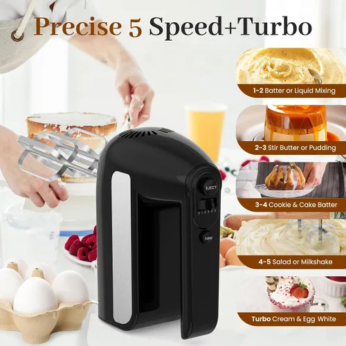 Miniatura 3 de Batidora de mano eléctrica de 5 velocidades, batidora de mano de 800W con turbo para hornear y cocinar, mezclador de alimentos de cocina con estuche