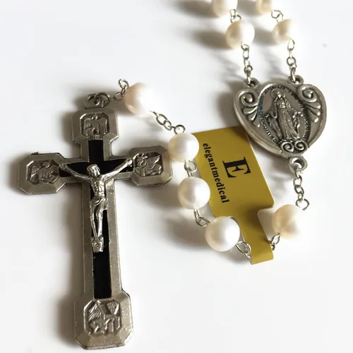 Miniatura 4 de elegantmedical Stations of the Cross - Rosario de oración con perlas blancas reales, caja de regalo católica, Perla