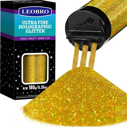 Leobro - Purpurina dorada, 180g/6.35oz de purpurina fina holográfica dorada para resina, manualidades, vasos, uñas, cuerpo, decoraciones de fiesta