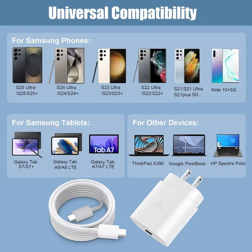 Miniatura 4 de Cargador USB C, carga rápida súper rápida de 25 W tipo C y cable de carga USB C de 6,6 pies para Samsung Galaxy S25/S25 Ultra/S25+/S24/S24