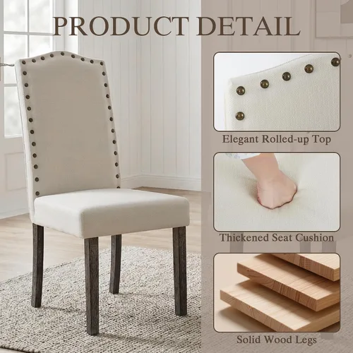 Miniatura 3 de LSSBOUGHT Juego de 2 Sillas de Comedor, Sillas de Comedor Parsons Tapizadas de Tela para Cocina con Marco de Madera Maciza y Ribete de Tachuelas