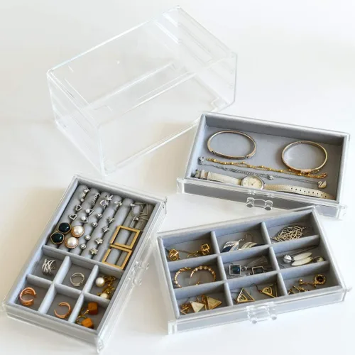 Miniatura 5 de HerFav Joyero de acrílico para mujer con 3 cajones para anillos, aretes y collares, estuche compacto para joyería, gris transparente