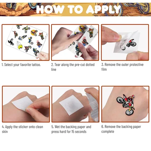 Miniatura 6 de Tatuajes temporales de motocross – 96 piezas (8 hojas) calcomanías de tatuaje falso para niños y niñas Suministros para fiestas de cumpleaños