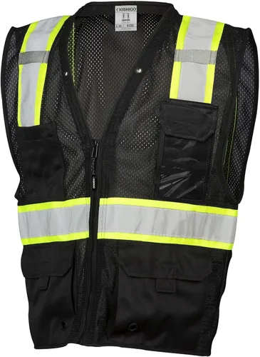 Miniatura 6 de Kishigo Black Enhanced Visibility Men's Vest B100, Multi Pocket Mesh Hi-Vis Vest, Ultra-Cool Polyester, 6 Pockets, Zipper Negro