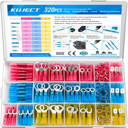Kuject Kit de 320 conectores de alambre termorretráctil, terminales eléctricos a prueba de agua, conectores de pala aislados para camiones marinos
