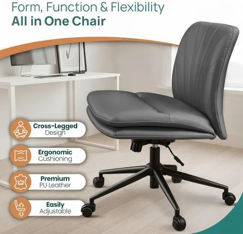 Miniatura 7 de NYPOT Silla de escritorio sin brazos con ruedas para sentarse entrecruzada, silla sin brazos anchos con patas cruzadas, taburete giratorio ajustable