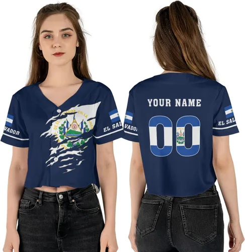 Miniatura 2 de Custom El Salvador Crop Top Baseball Jersey Camisa Salvadoreña Salvadoreña Camisa para Mujer Camisas De El Salvador para Mujer Blc9