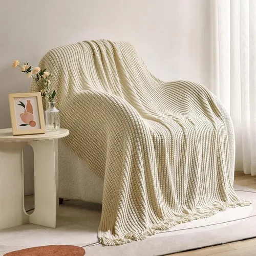 Miniatura 34 de Blagic Manta de punto para sofá, manta suave de estilo bohemio para otoño con borlas, manta ligera decorativa para el hogar, manta beige para cama