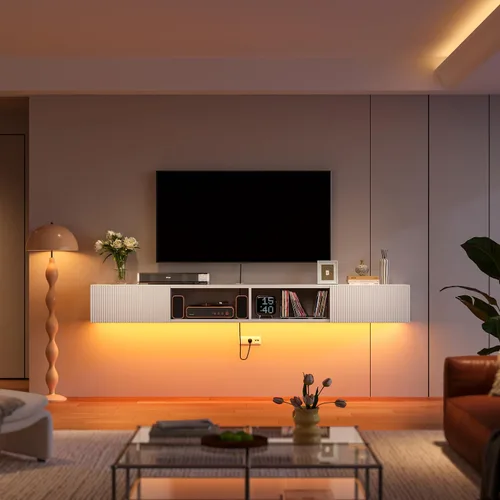 Miniatura 3 de Soporte flotante para TV de madera contrachapada con puertas acanaladas, color blanco, 55 pulgadas Montado en la pared, consola multimedia