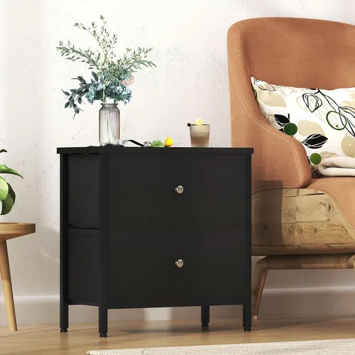 Miniatura 5 de BOLUO Mesita de noche negra cómoda de 2 cajones para dormitorio, mesita de noche pequeña mesa auxiliar con cajones de tela, moderna