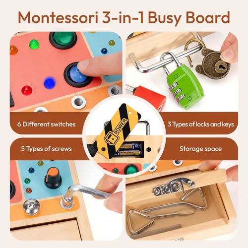 Miniatura 2 de Woodtoe Juguetes Montessori para niños pequeños de 3, 4, 5 años, tablero ocupado 3 en 1 con interruptor de luz LED, juego de tablero