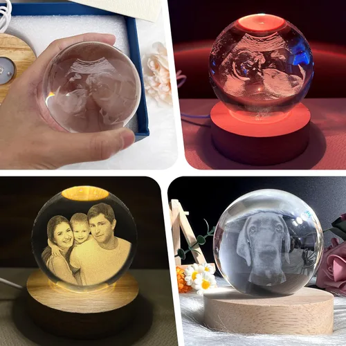 Miniatura 6 de Bola de Cristal con Foto de Ultrasonido Personalizada, Bola Decorativa Mágica de Cristal Láser 3D Personalizada con Soporte de Luz, Marco de Foto