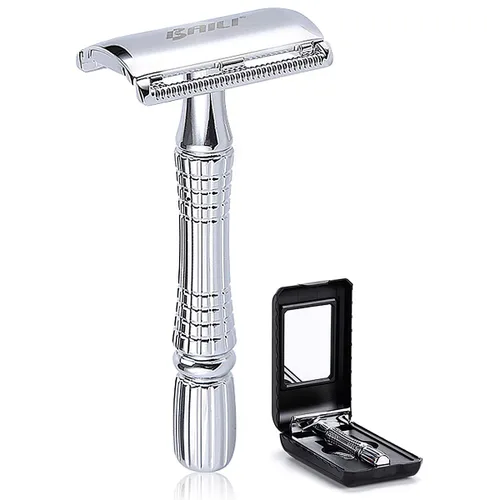 BAILI Afeitado húmedo clásico de 3 piezas de doble filo para hombres y mujeres con hoja de platino y estuche de viaje con espejo BD176