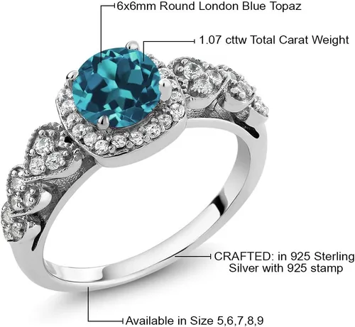Miniatura 22 de Gem Stone King Anillo de compromiso de aniversario y piedra natal de corte redondo de 0.236 in para mujer, plata de ley 925, anillo de promesa