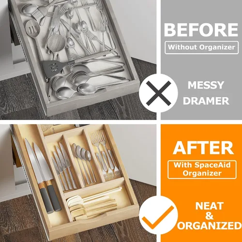 Miniatura 3 de WelFurGeer Organizador de cubiertos de madera premium para cajones de cocina, bandeja de utensilios para cajón de cocina, organizador de cajones