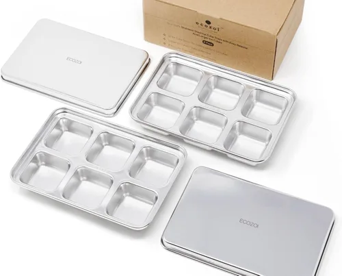 ecozoi Bandejas para cubitos de hielo de acero inoxidable, paquete de 2 con 12 ranuras para cubitos de hielo, fácil liberación, sin plástico, cero