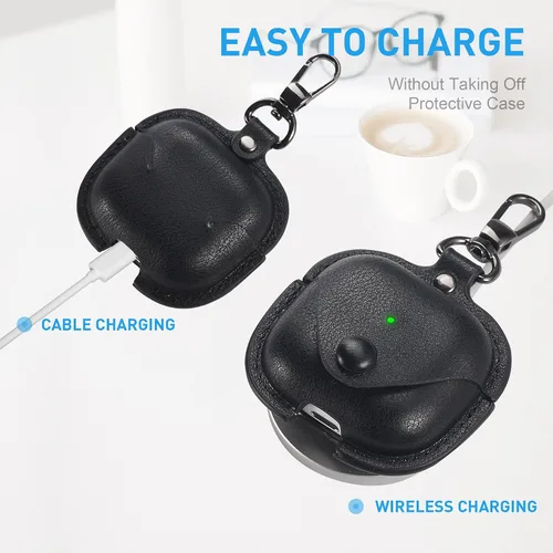 Miniatura 4 de Maxjoy Funda de cuero para AirPods 4, funda de cuero para AirPods de 4ª generación, funda protectora de cuero con llavero compatible con Apple Negro