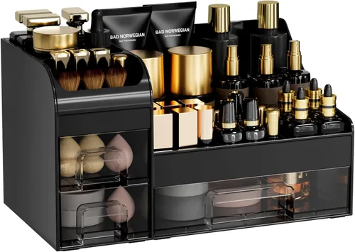 Organizador de maquillaje grande para tocador, organizador de encimera con cajones y soporte para cepillos, organizador de colonia para hombre para
