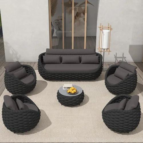 Miniatura 62 de TWT 3-Piece Woven Rope Patio Furniture Set, 2 Outdoor Armchairs with Soft Cushions + Round Aluminum Coffee Table, All-Weather Conversation Set for