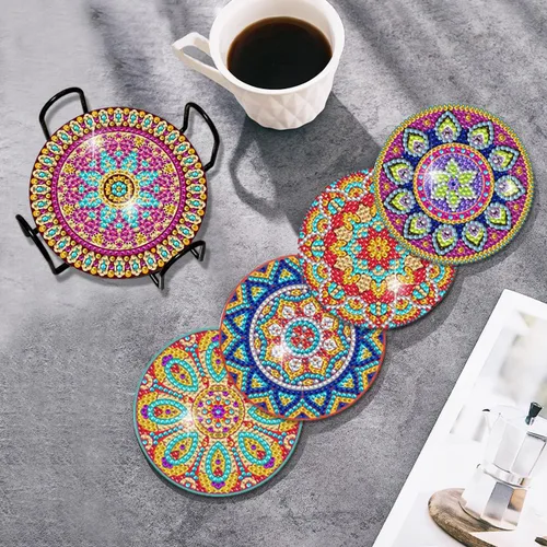 Miniatura 2 de Vcekract Posavasos de pintura de diamante, 6 posavasos de mandala con soporte, kits de manualidades para posavasos de bricolaje, kits de proyectos