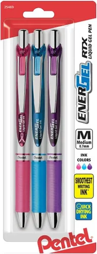 Miniatura 5 de Pentel EnerGel RTX Bolígrafos de tinta de gel, punta de metal de 0.7mm, tinta color negro / rojo / azul, paquete de 3 (BL77BP3M), surtido
