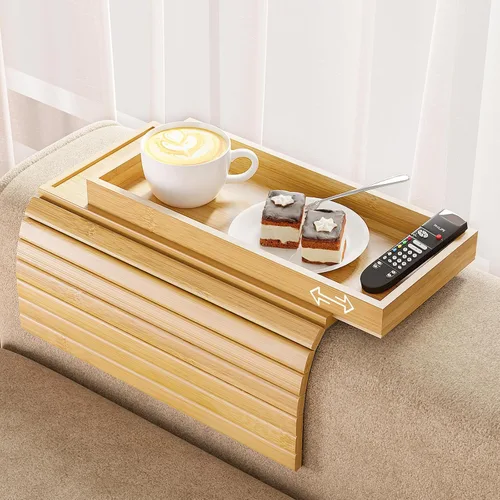 Miniatura 15 de Bestjing Bandeja de bambú para portavasos de sofá – 2 en 1 con soporte doble desmontable Be Slide-Away – Sofá sillón Caddy para beber aperitivos