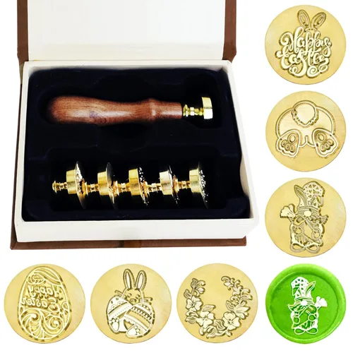 Miniatura 10 de Juego de 6 cabezas de sello de cera con cabeza de latón de cera+1 mango de madera+caja de regalo, sellos de cera de bendición
