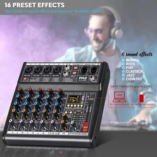 Miniatura 6 de Mezclador de audio Bluetooth profesional Pyle DJ - Mezclador de sonido con controlador DJ de 6 canales con DSP, 16 efectos preestablecidos, interfaz