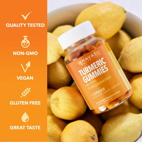 Miniatura 6 de Gomitas de cúrcuma con extracto de raíz de jengibre, suplemento de salud digestiva y apoyo inmunológico para el bienestar general, 60