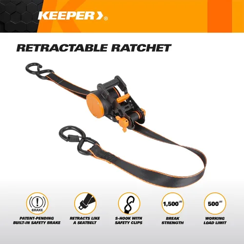 Miniatura 2 de Keeper Paquete de 2 Correas de Amarre de Trinquete Retráctiles – 1" x 10' Auto-Retráctiles para Motocicletas, ATVs, UTVs, Mudanzas y Cargas