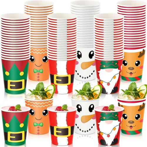 Zhehao 300 vasos de papel de Navidad de 9 onzas, desechables, 6 estilos, pan de jengibre, Papá Noel, elfo, muñeco de nieve, alce, enano, tazas para